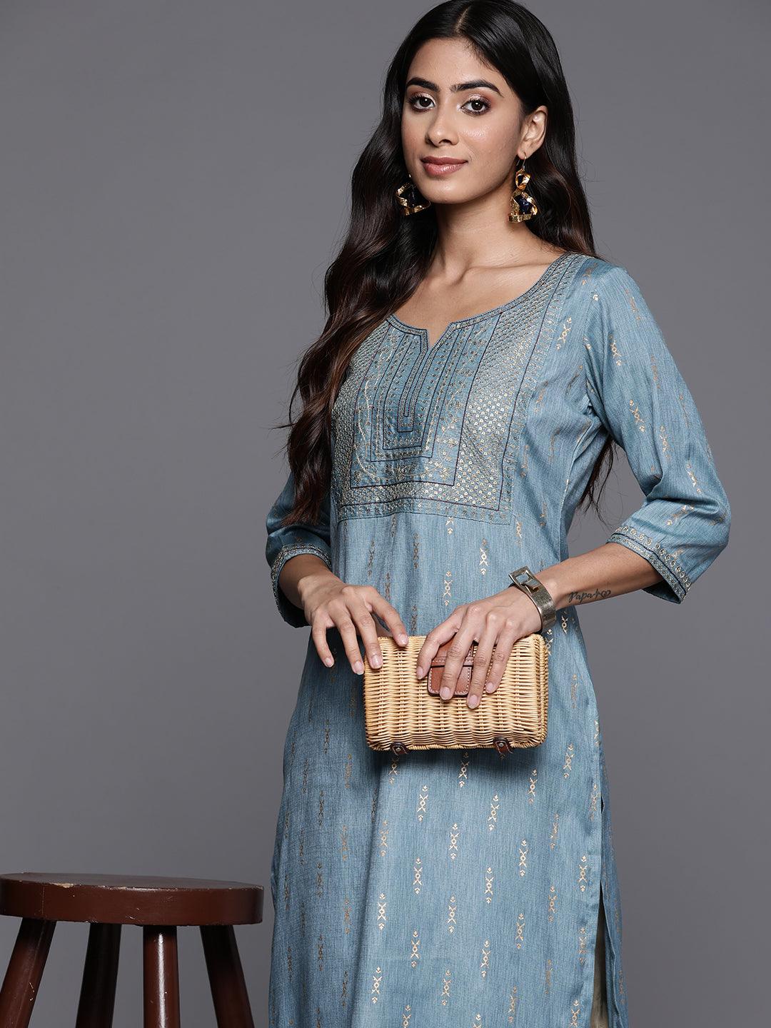 Blue Printed Rayon Straight Kurta - Libas