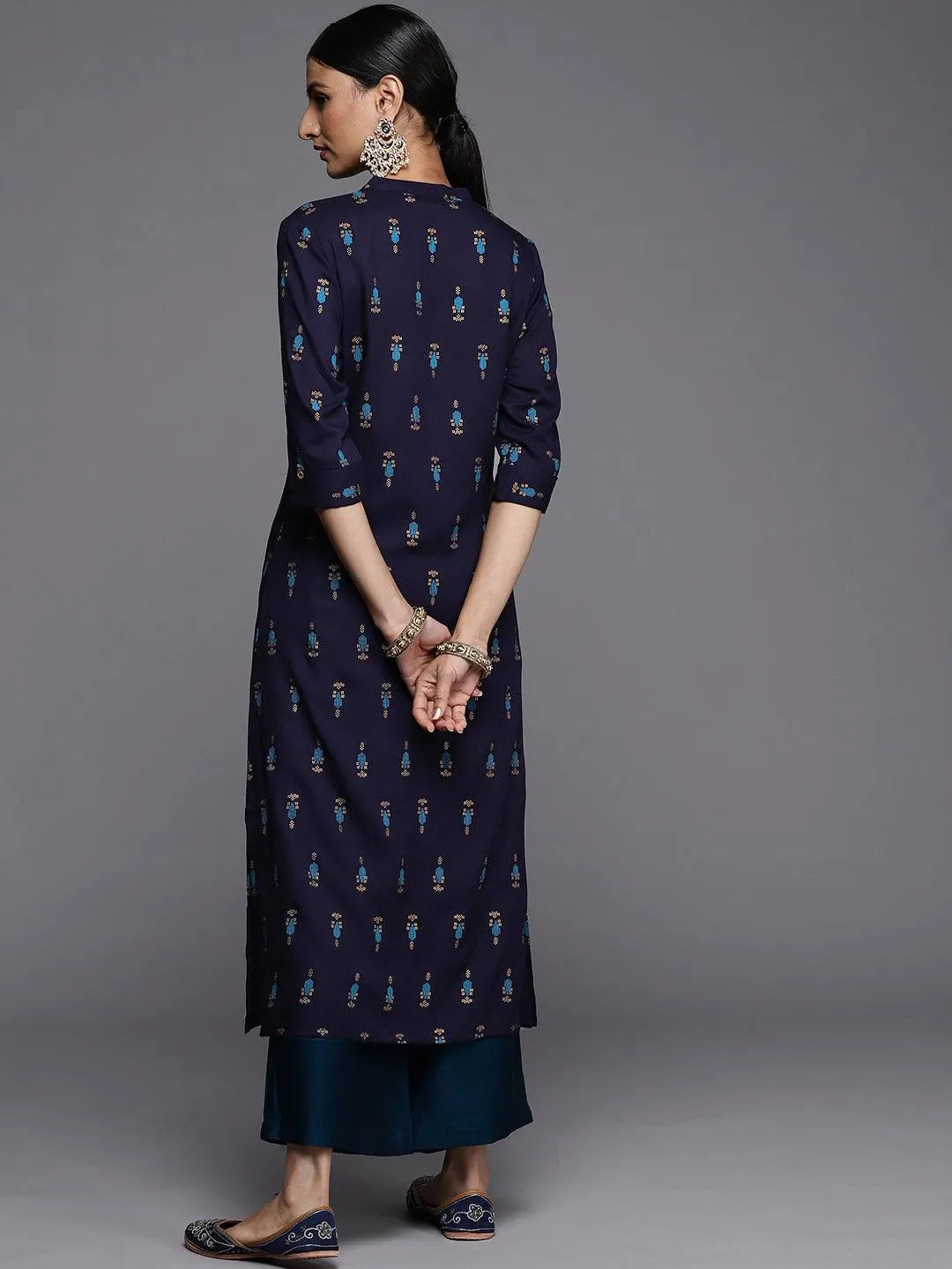 Blue Printed Rayon Straight Kurta - Libas