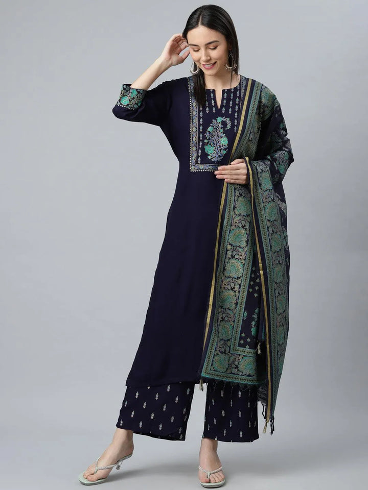 Blue Printed Rayon Suit Set - Libas