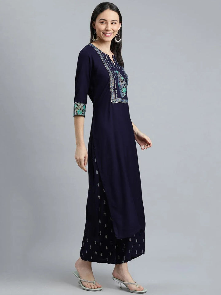 Blue Printed Rayon Suit Set - Libas