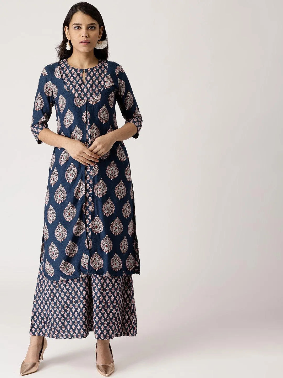 Blue Printed Rayon Kurta Set With Jacket - Libas