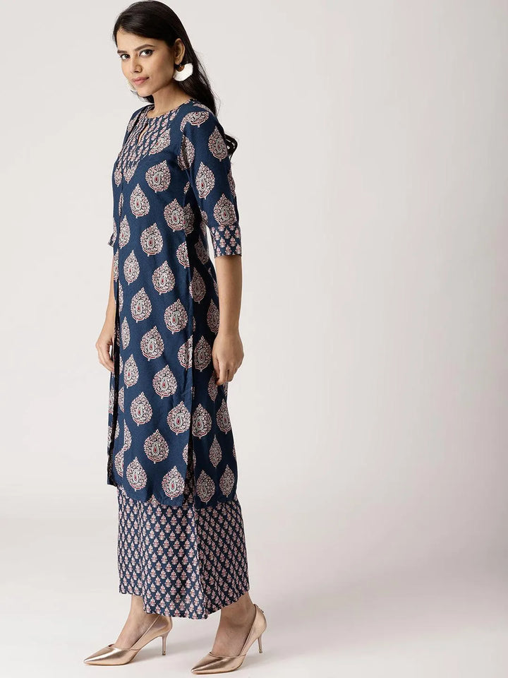 Blue Printed Rayon Kurta Set With Jacket - Libas