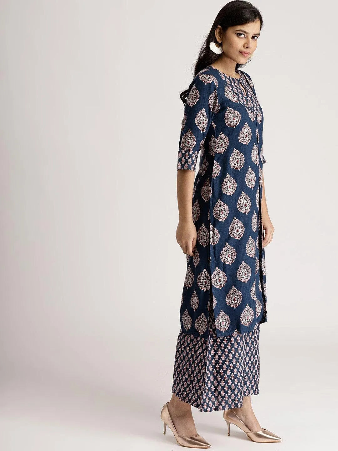 Blue Printed Rayon Kurta Set With Jacket - Libas