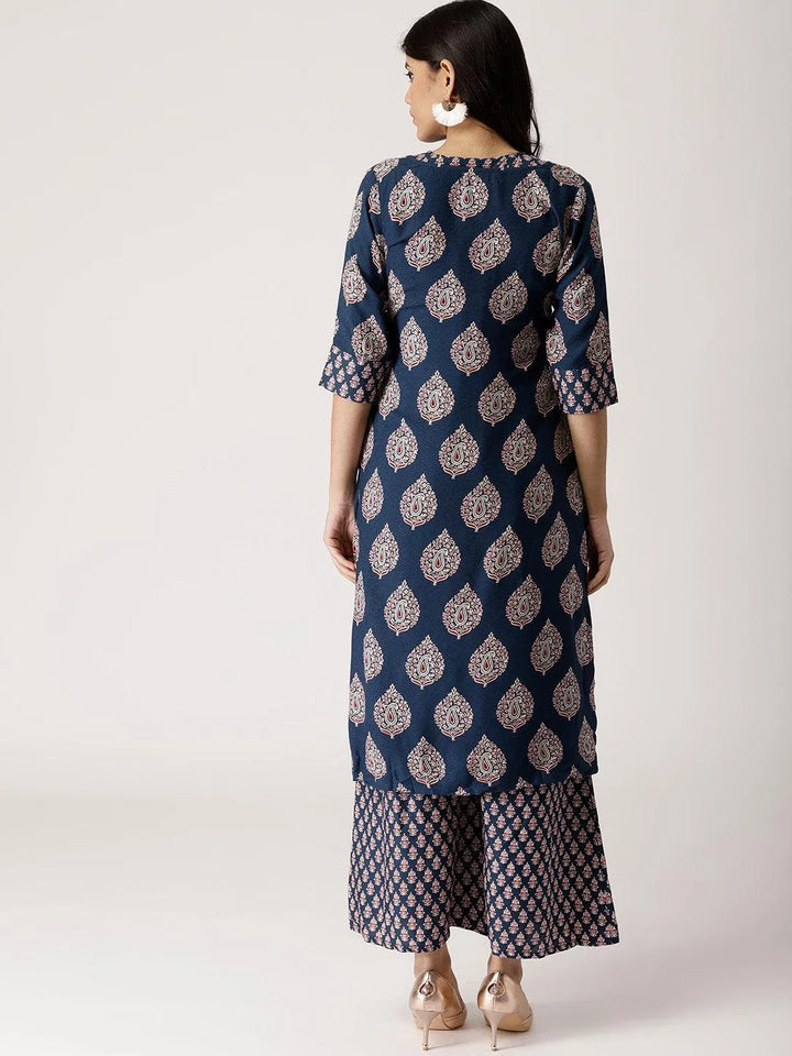 Blue Printed Rayon Kurta Set With Jacket - Libas