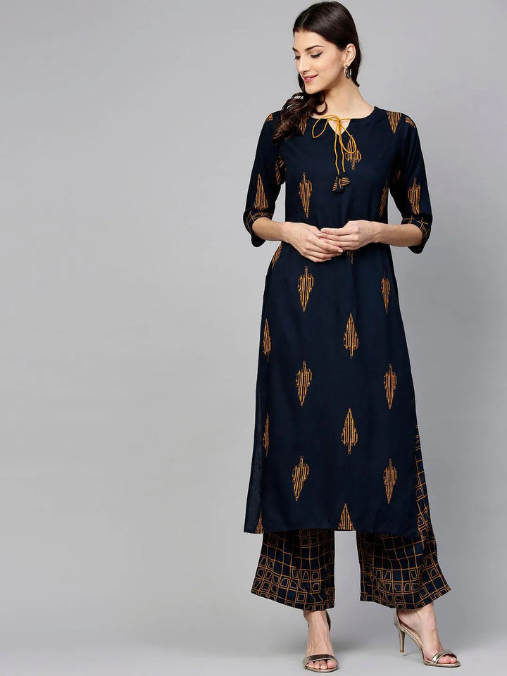 Blue Printed Rayon Kurta Set - Libas