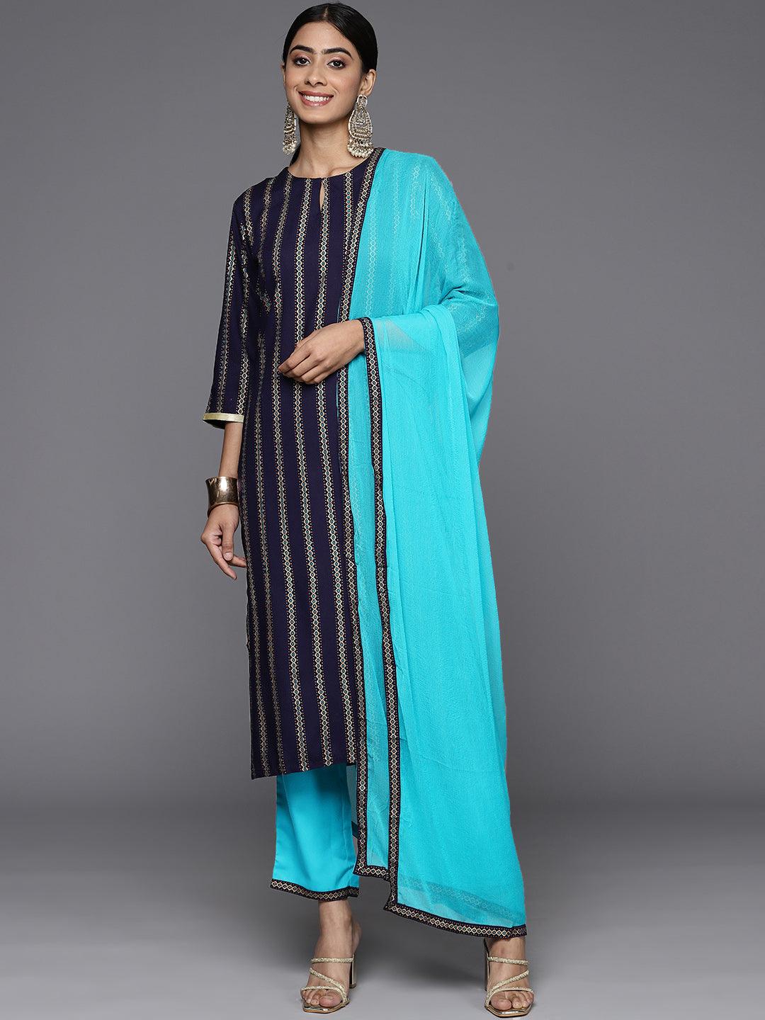 Blue Printed Rayon Straight Kurta With Trousers & Dupatta - Libas