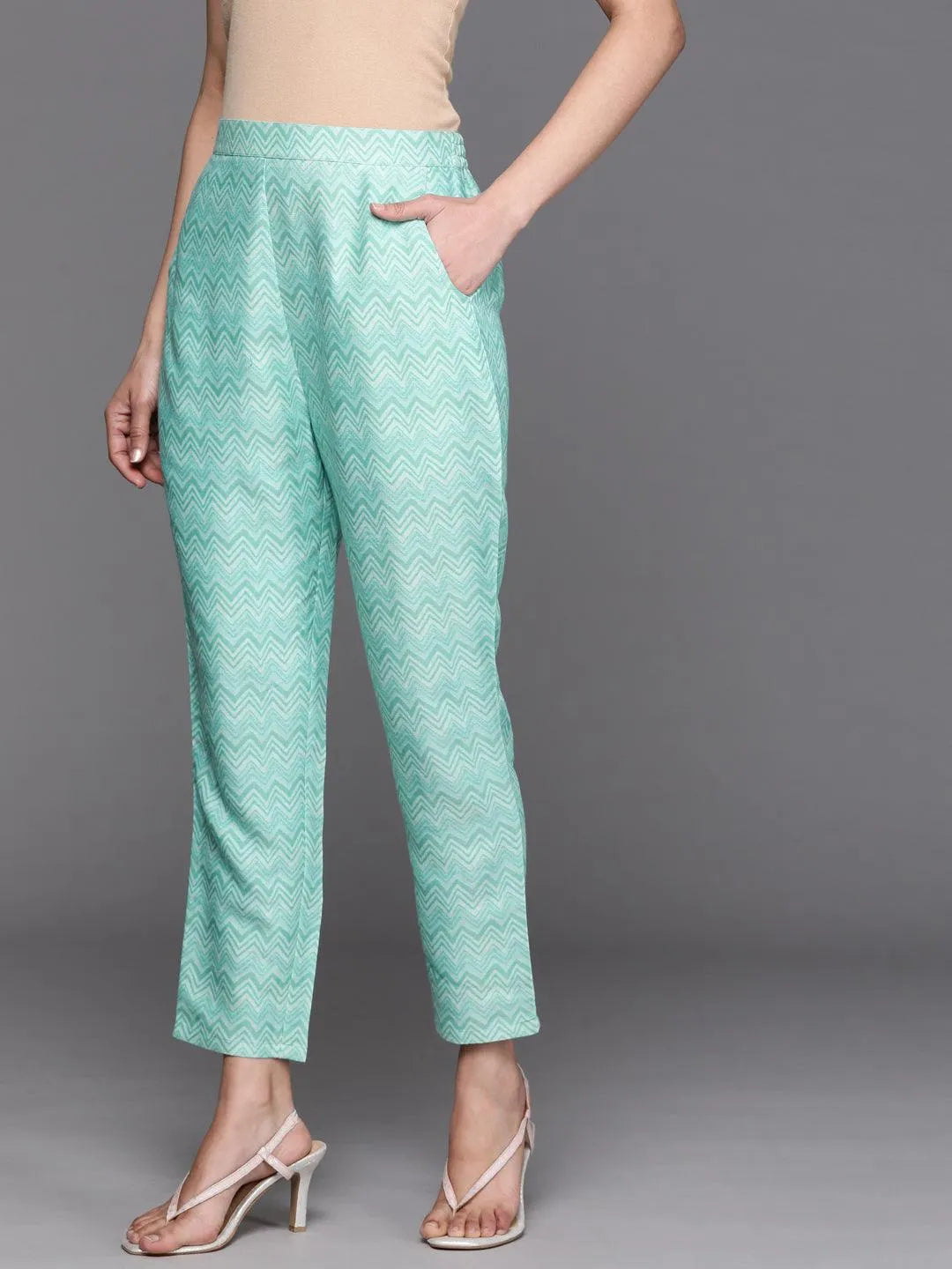 Blue Printed Rayon Trousers - Libas