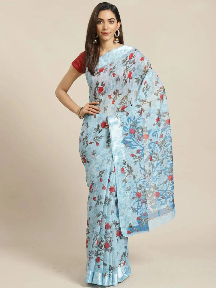 Blue Printed Satin Saree - Libas