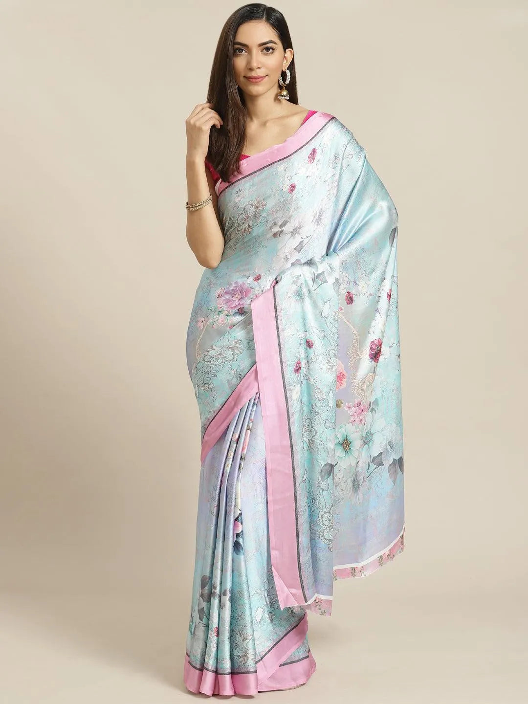 Blue Printed Satin Saree - Libas