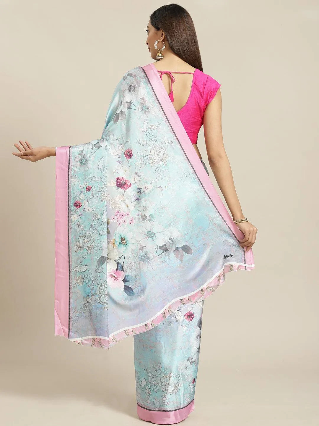 Blue Printed Satin Saree - Libas