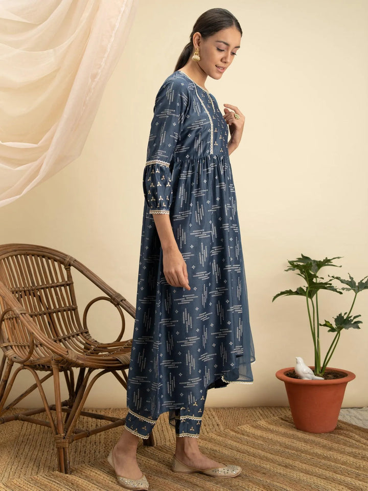 Blue Printed Silk A-Line Suit Set - Libas