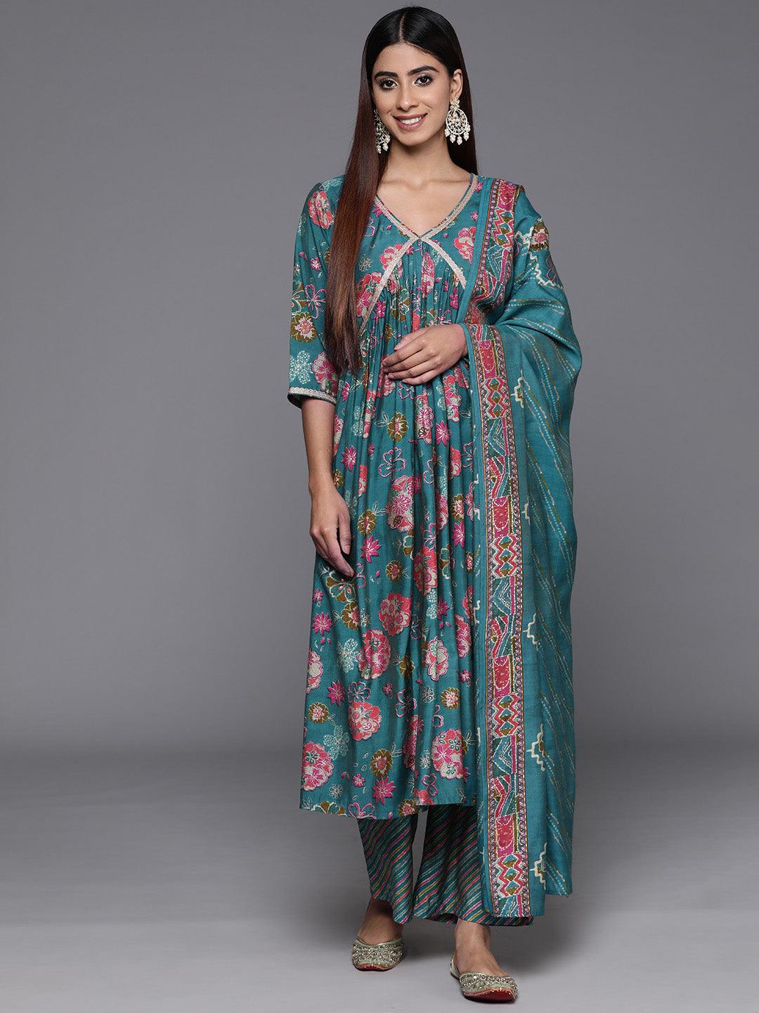 Blue Printed Silk Blend A-Line Kurta With Palazzos & Dupatta - Libas 