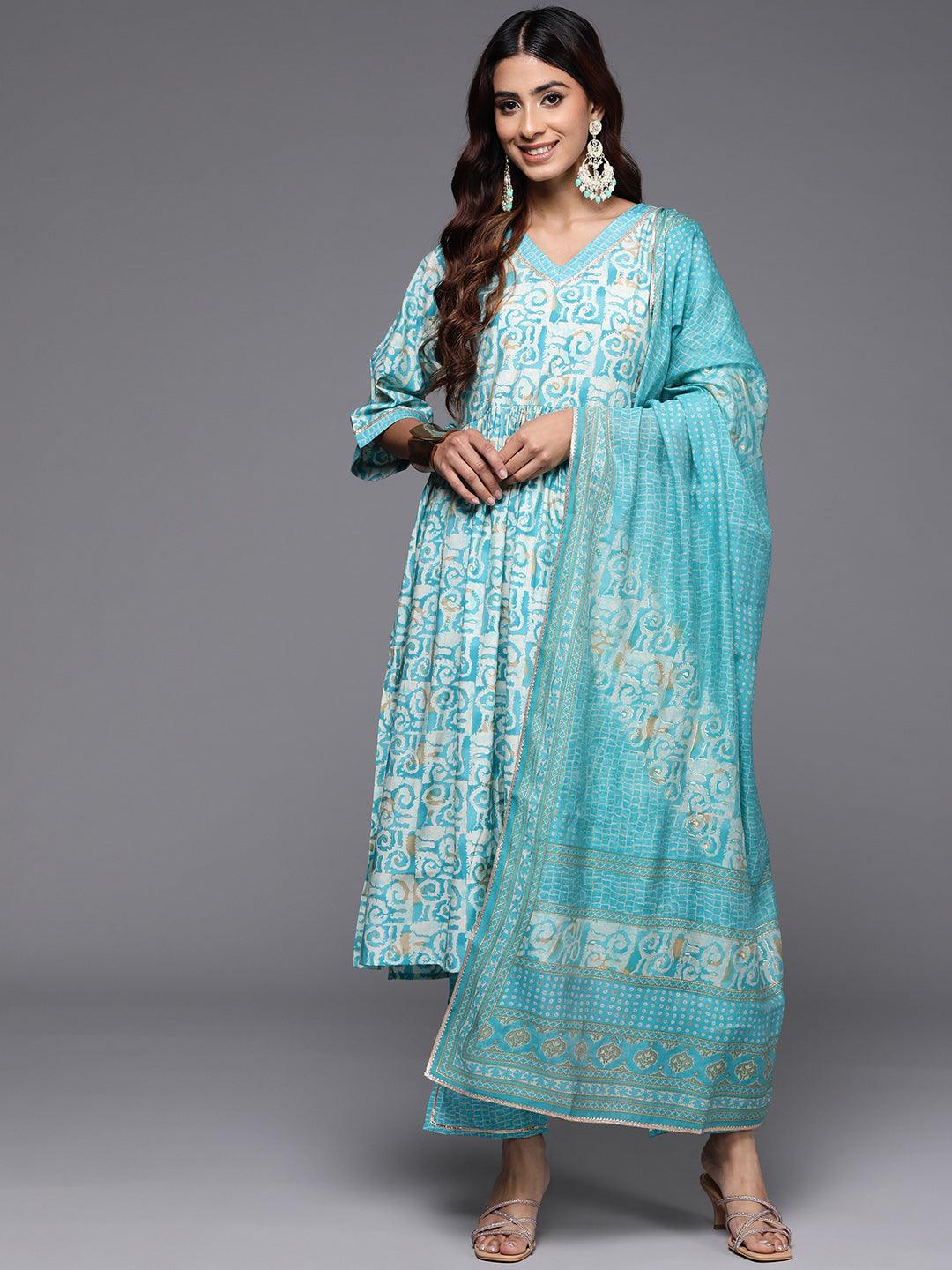 Blue Printed Silk Blend A-Line Kurta With Palazzos & Dupatta - Libas 