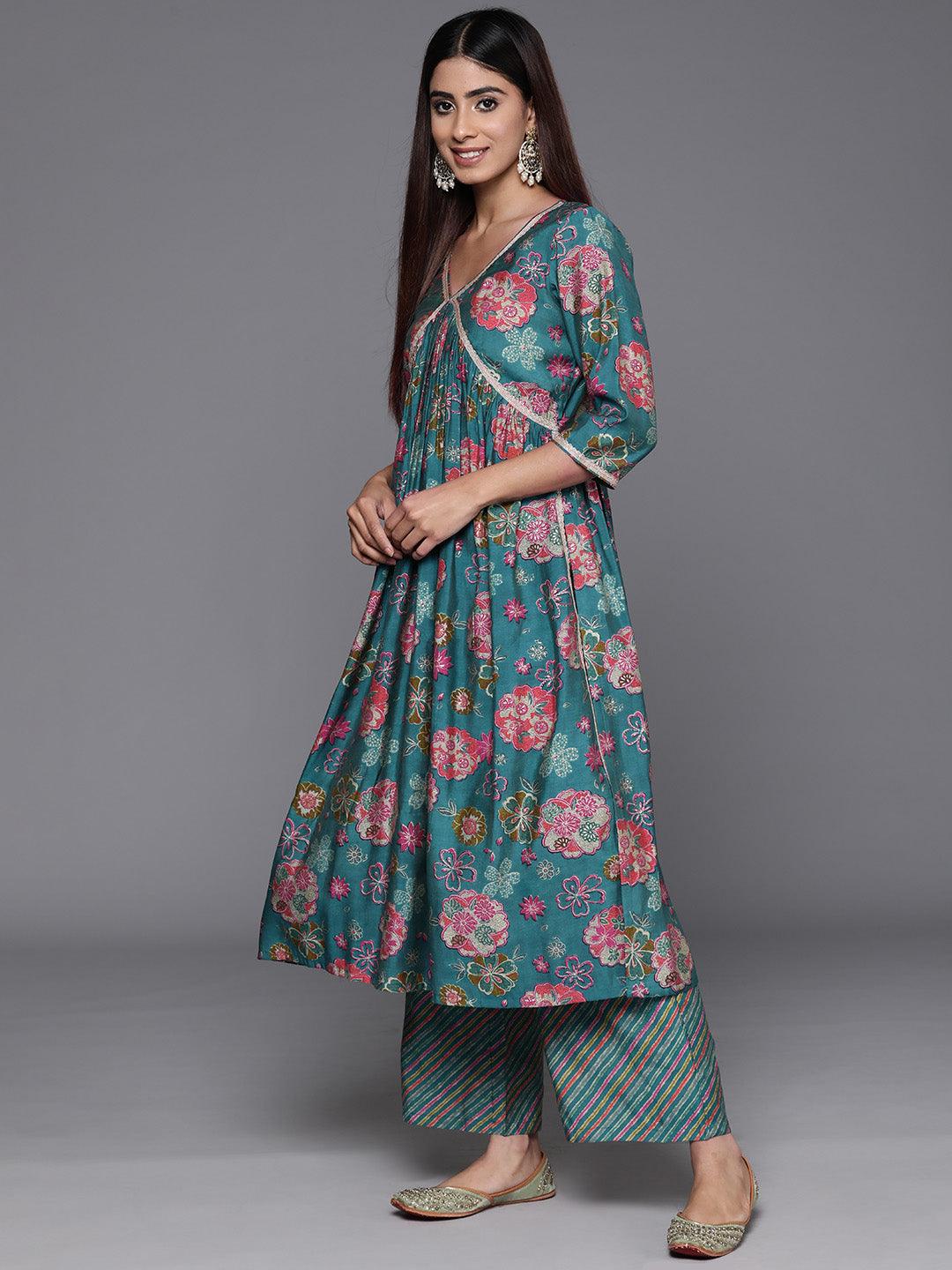 Blue Printed Silk Blend A-Line Kurta With Palazzos & Dupatta - Libas 