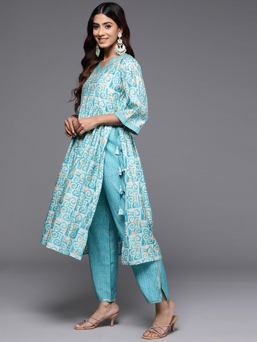 Blue Printed Silk Blend A-Line Kurta With Palazzos & Dupatta - Libas 