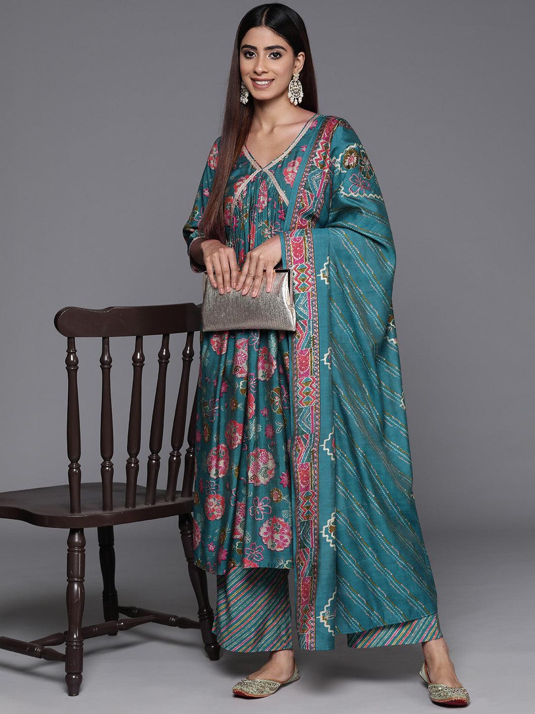 Blue Printed Silk Blend A-Line Kurta With Palazzos & Dupatta - Libas 