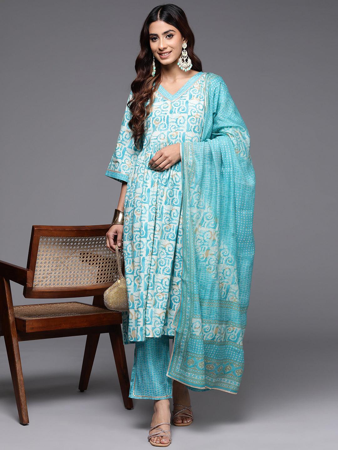 Blue Printed Silk Blend A-Line Kurta With Palazzos & Dupatta - Libas 