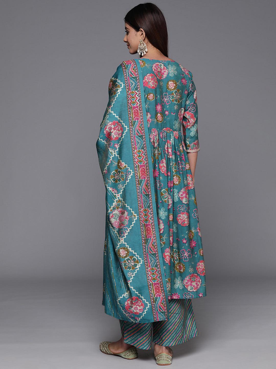 Blue Printed Silk Blend A-Line Kurta With Palazzos & Dupatta - Libas 