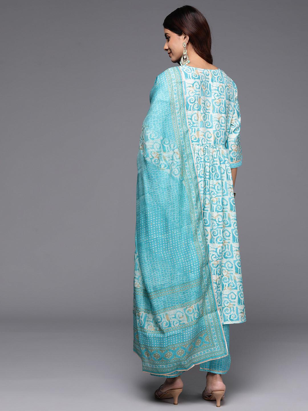 Blue Printed Silk Blend A-Line Kurta With Palazzos & Dupatta - Libas 