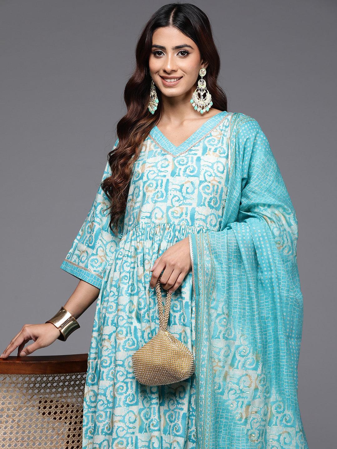 Blue Printed Silk Blend A-Line Kurta With Palazzos & Dupatta - Libas 