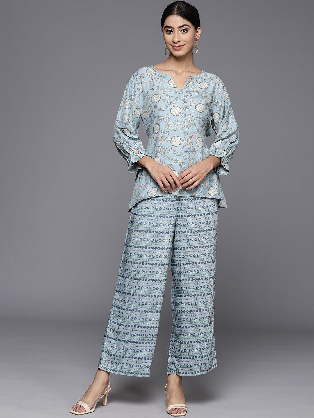 Blue Printed Silk Blend Co-Ords - Libas