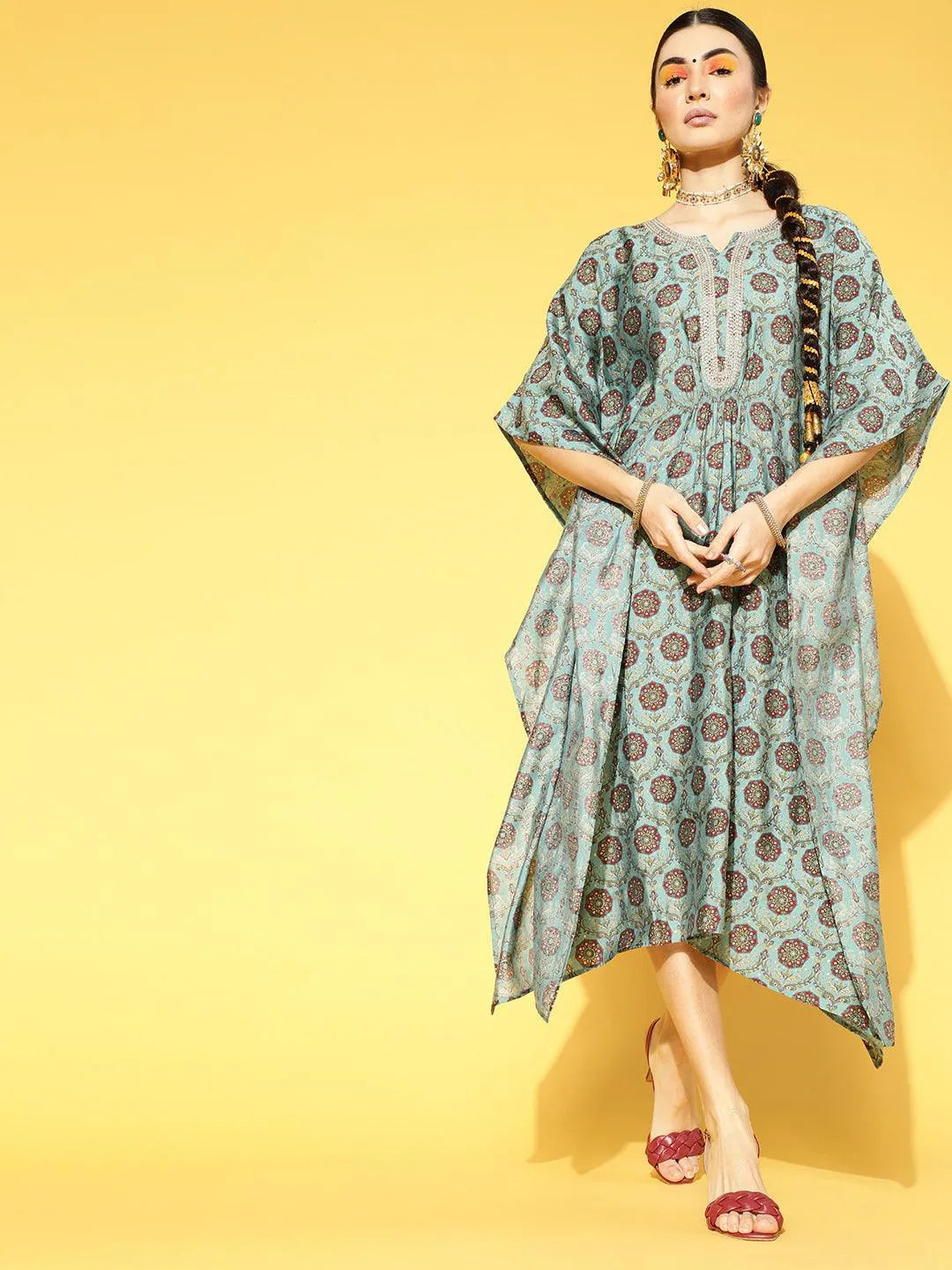 Blue Printed Silk Blend Dress - Libas