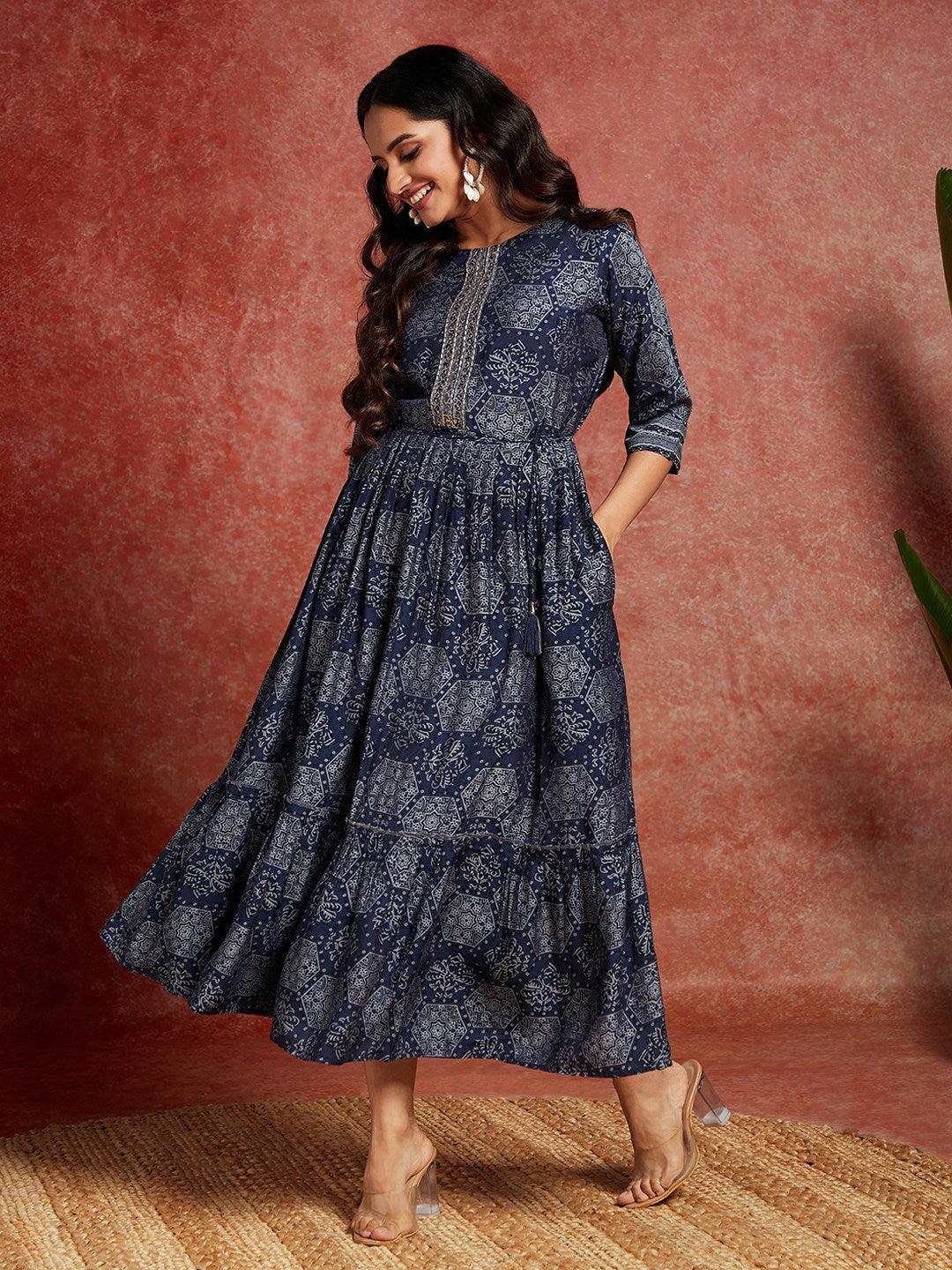 Buy Blue Printed Silk Blend Fit and Flared Dress Online at Rs.911 | Libas