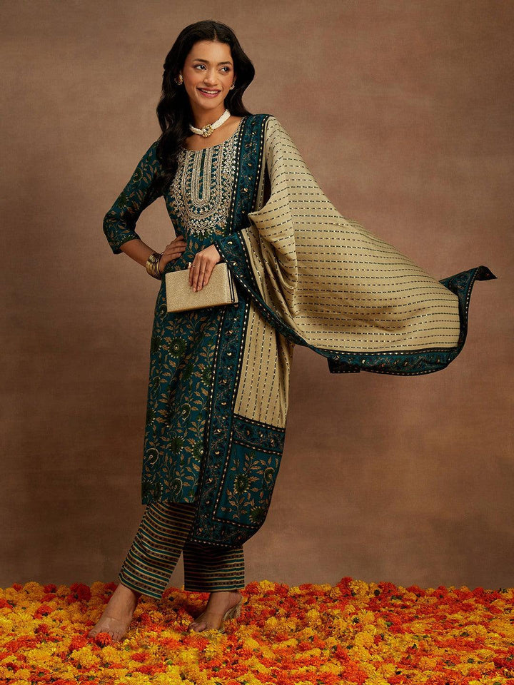 Blue Printed Silk Blend Kurta With Trousers & Dupatta - Libas