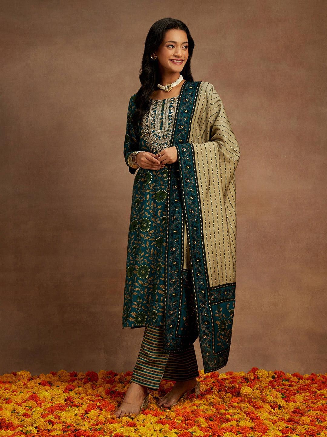 Blue Printed Silk Blend Kurta With Trousers & Dupatta - Libas