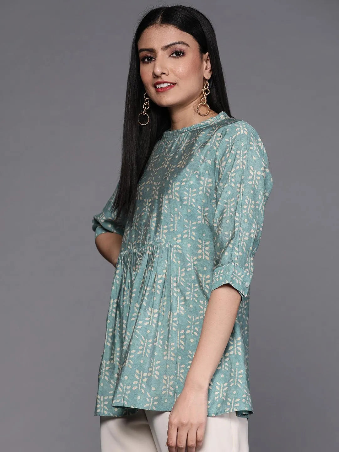 Blue Printed Silk Blend Kurti - Libas 