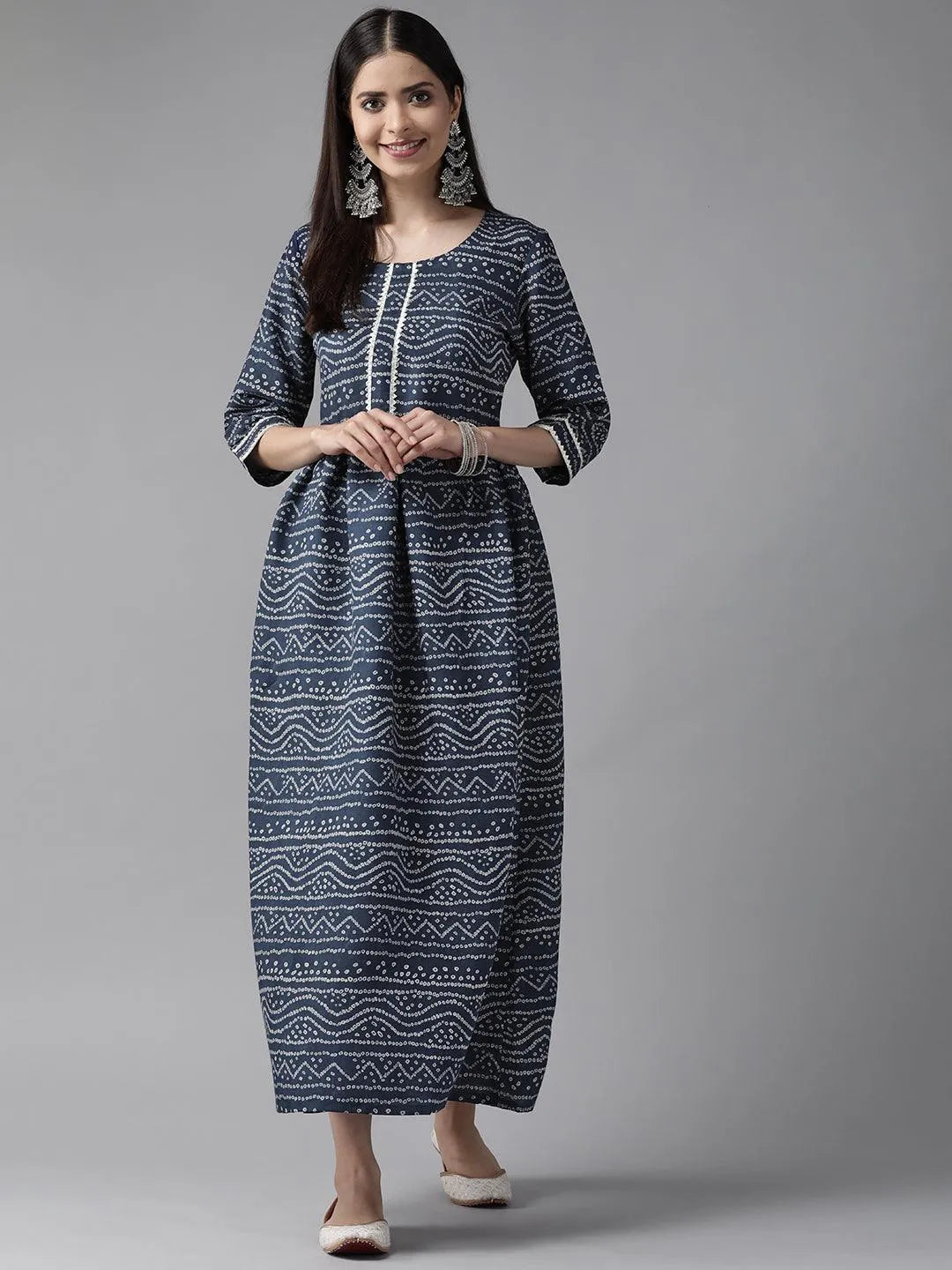 Blue Printed Silk Blend Maxi Dress - Libas 