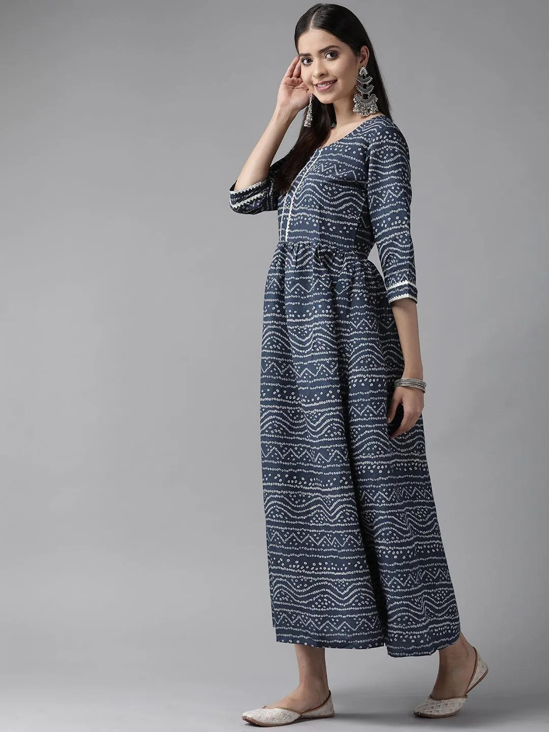 Blue Printed Silk Blend Maxi Dress - Libas 