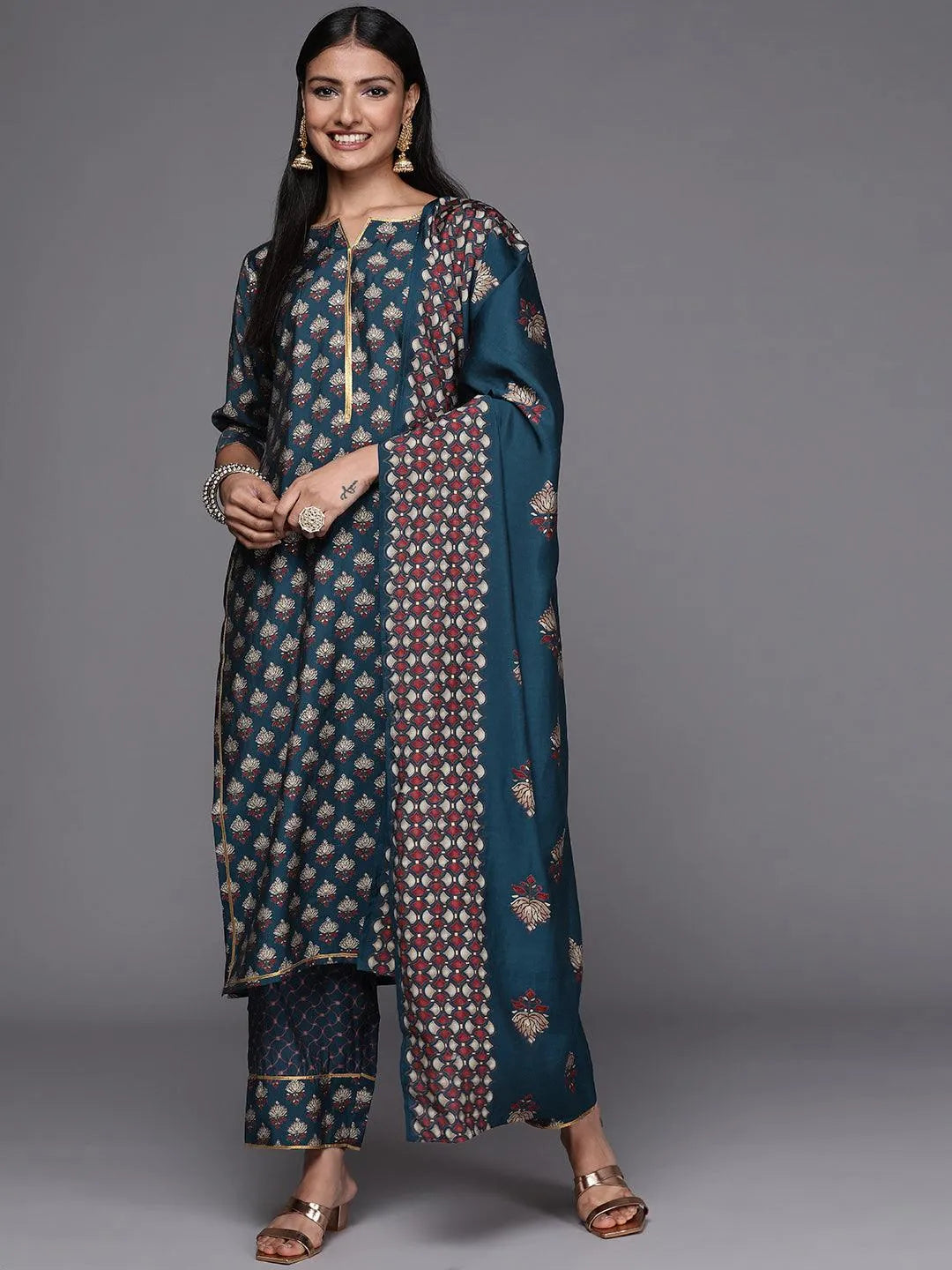 Blue Printed Silk Blend Straight Suit Set - Libas 