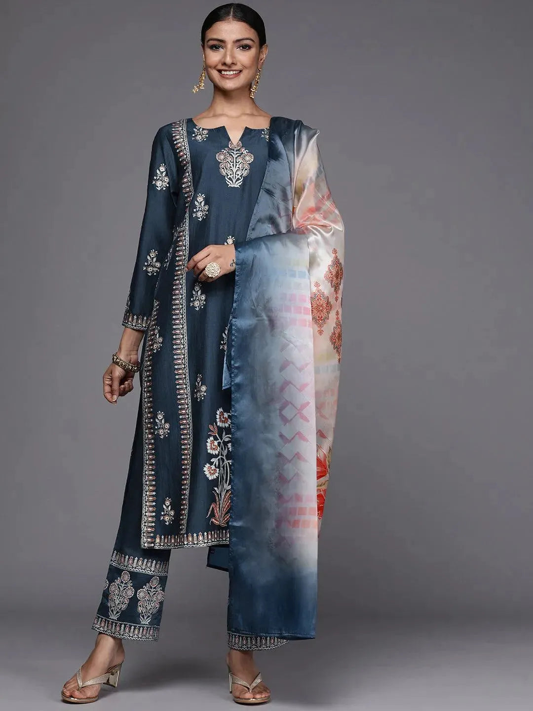 Blue Printed Silk Blend Straight Suit Set - Libas