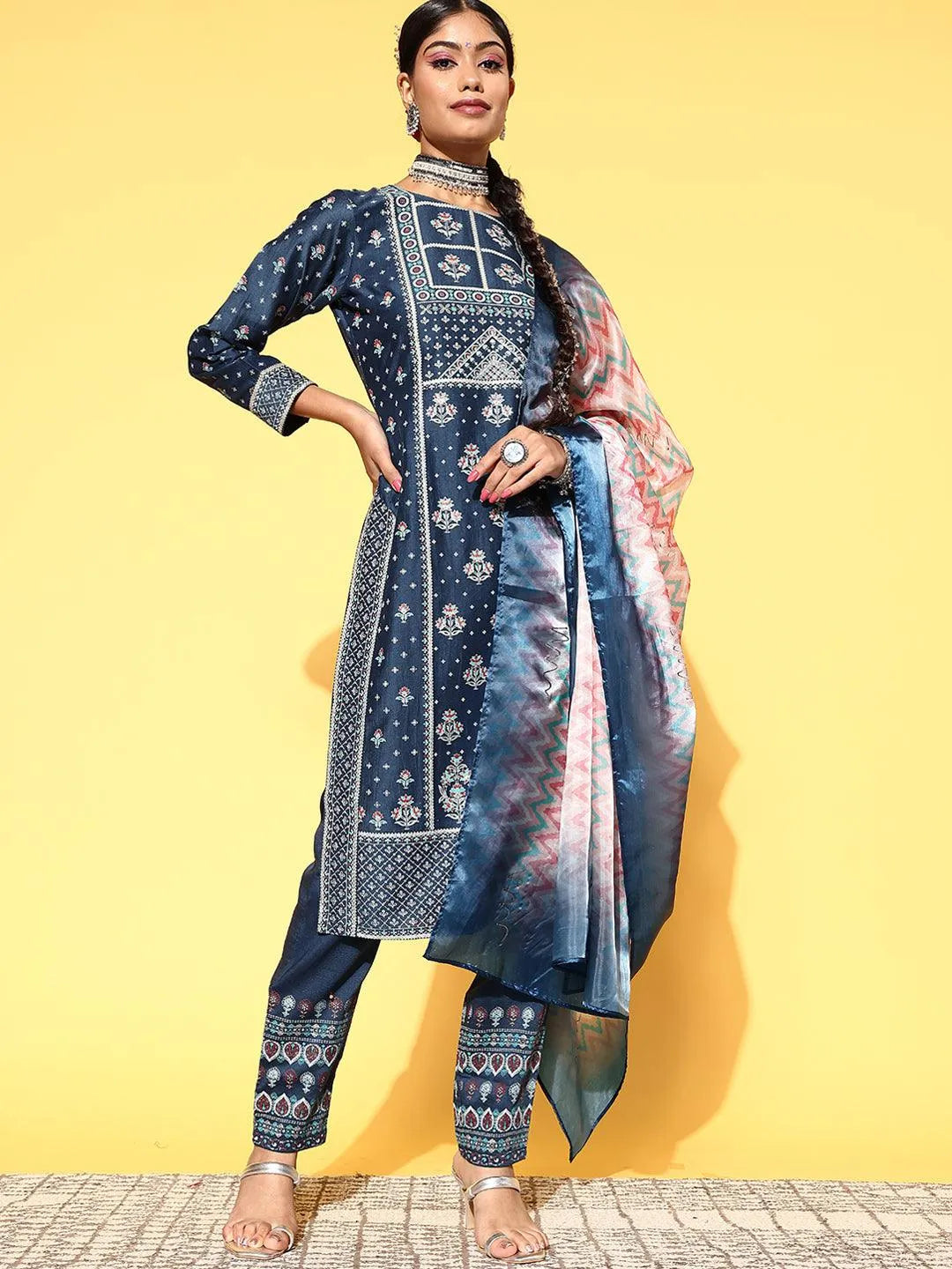 Blue Printed Silk Blend Straight Suit Set - Libas 