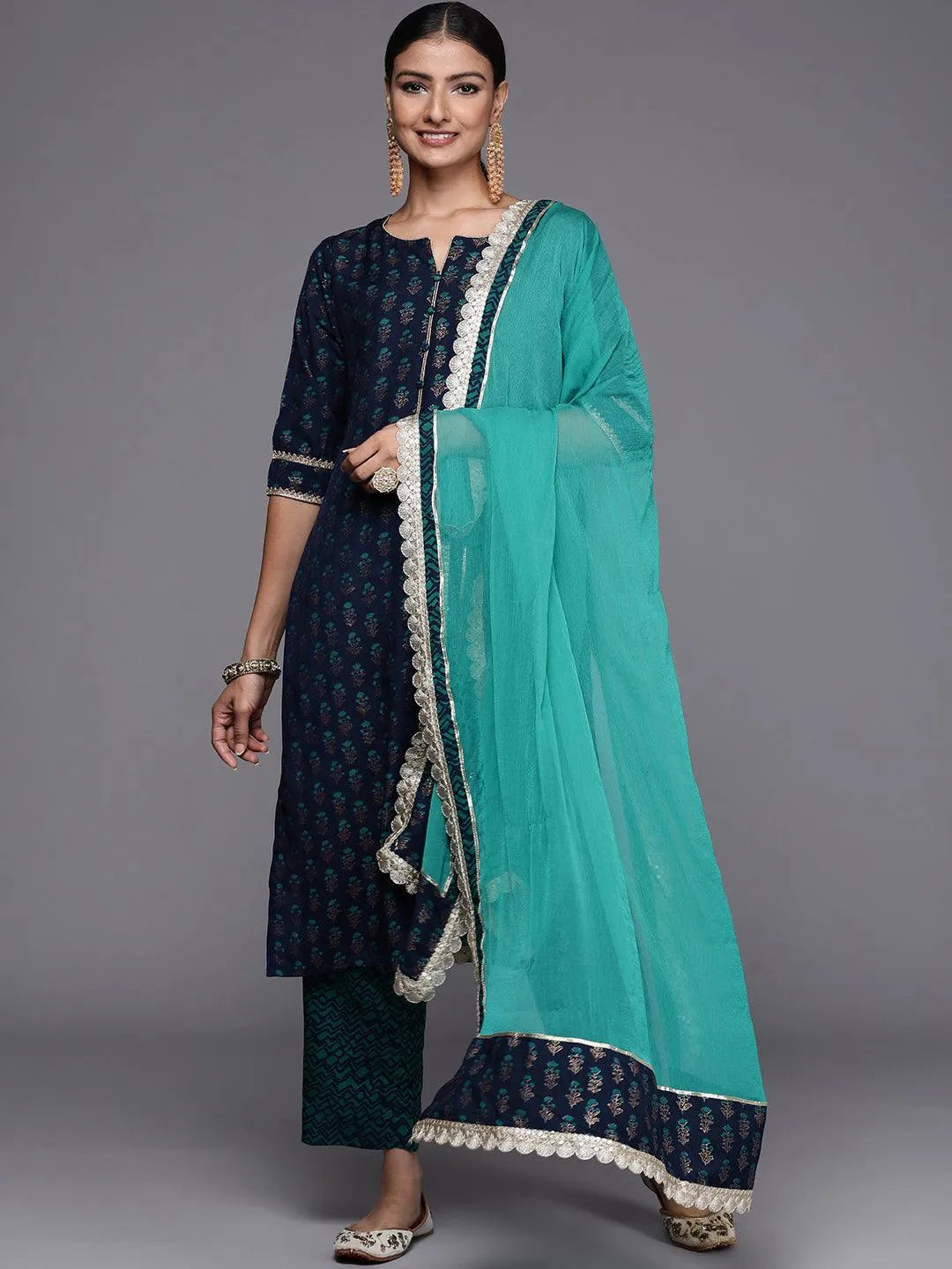 Blue Printed Silk Blend Straight Suit Set - Libas 