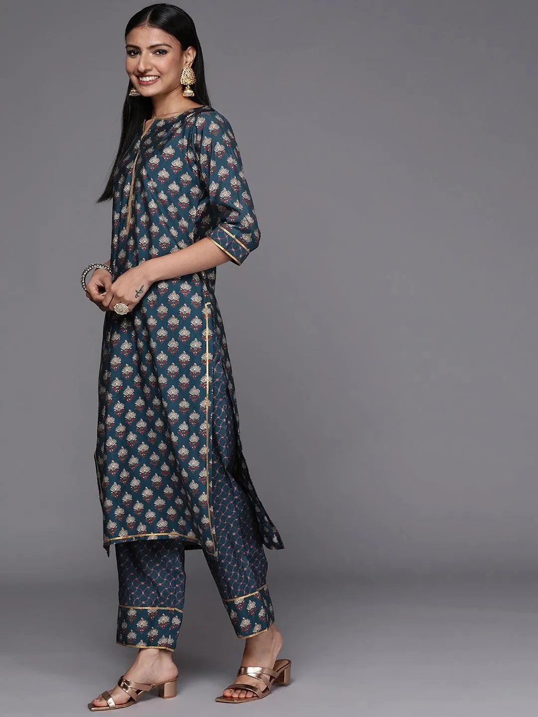 Blue Printed Silk Blend Straight Suit Set - Libas