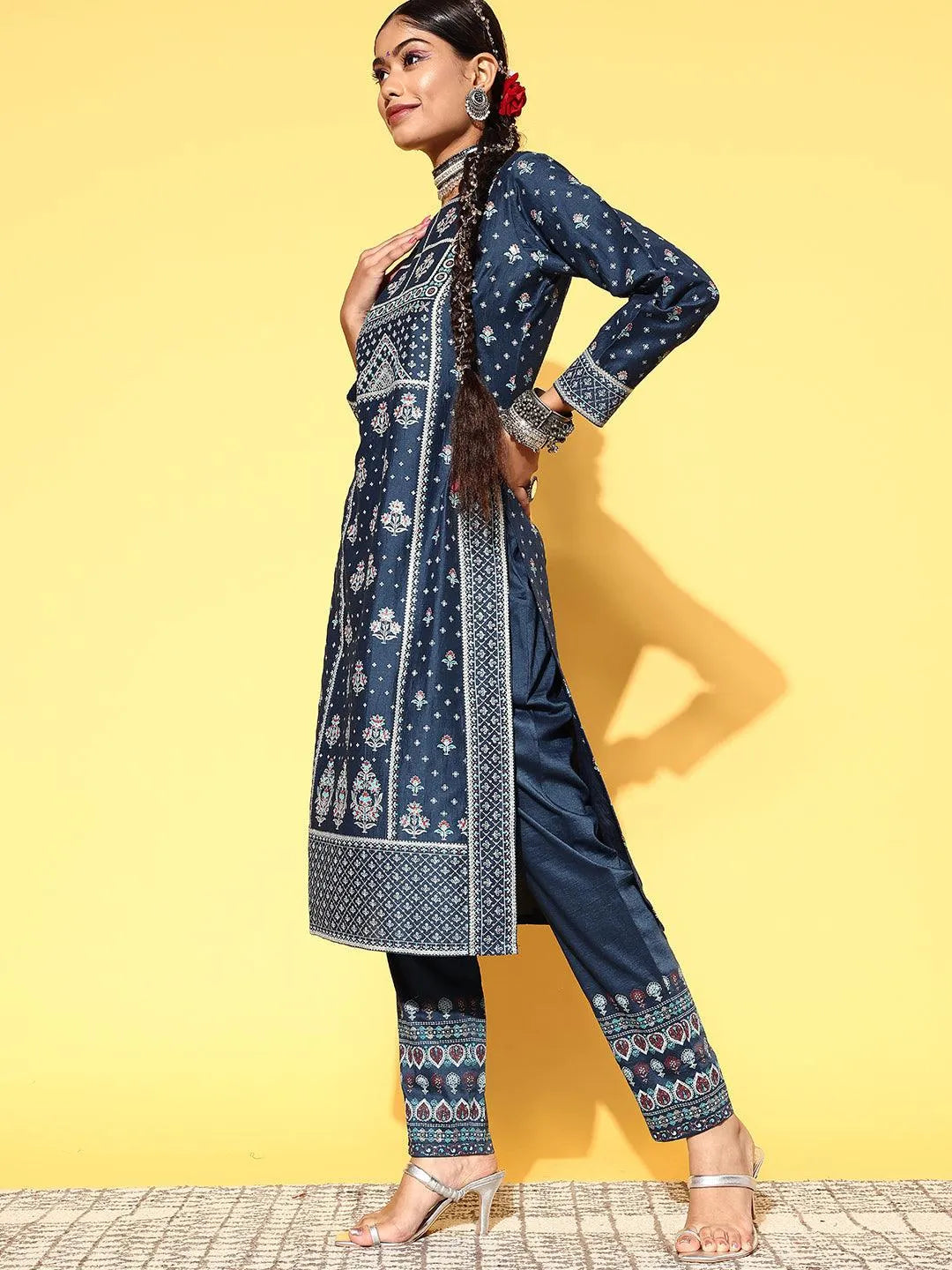 Blue Printed Silk Blend Straight Suit Set - Libas 