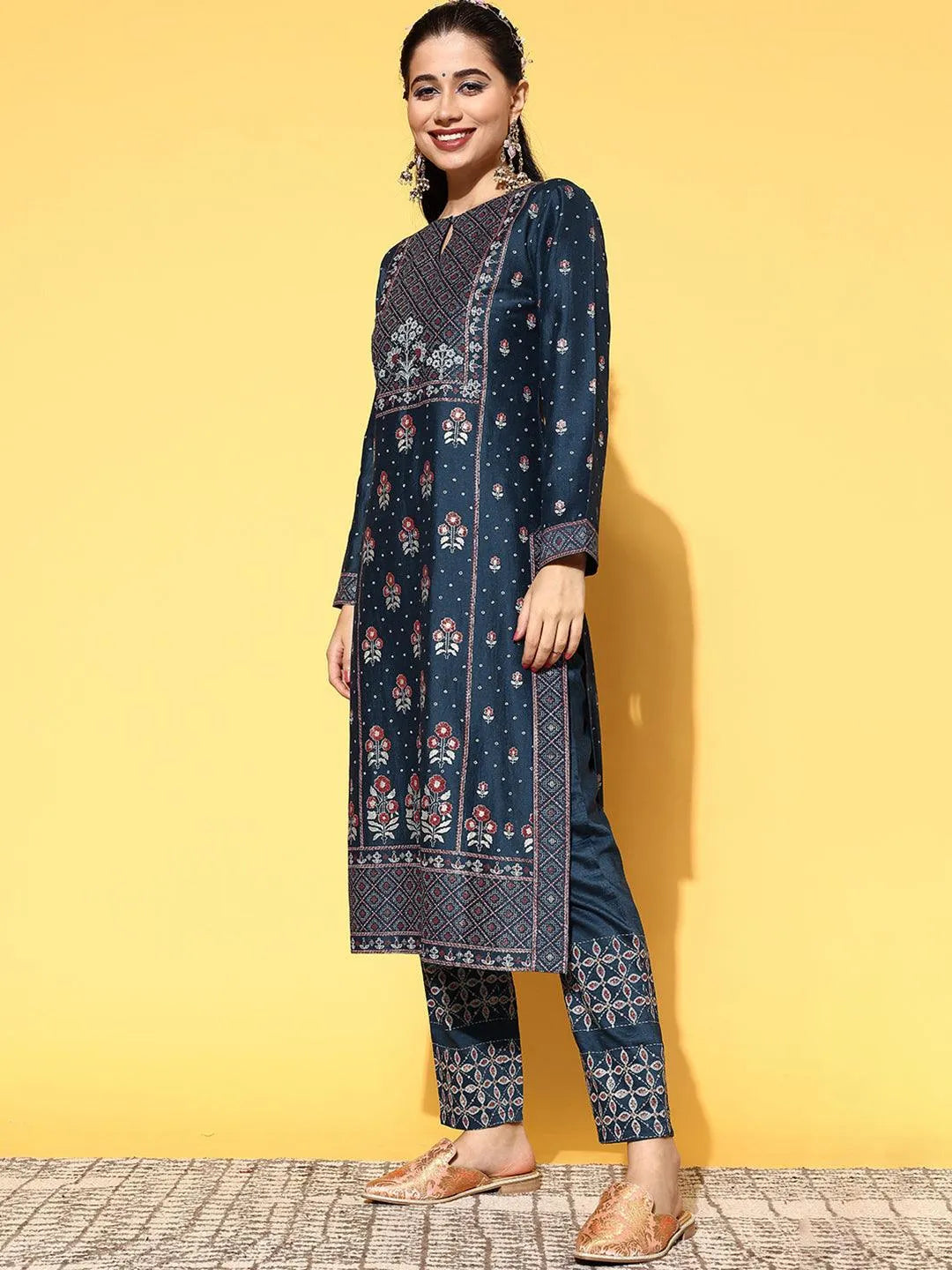 Blue Printed Silk Blend Straight Suit Set - Libas