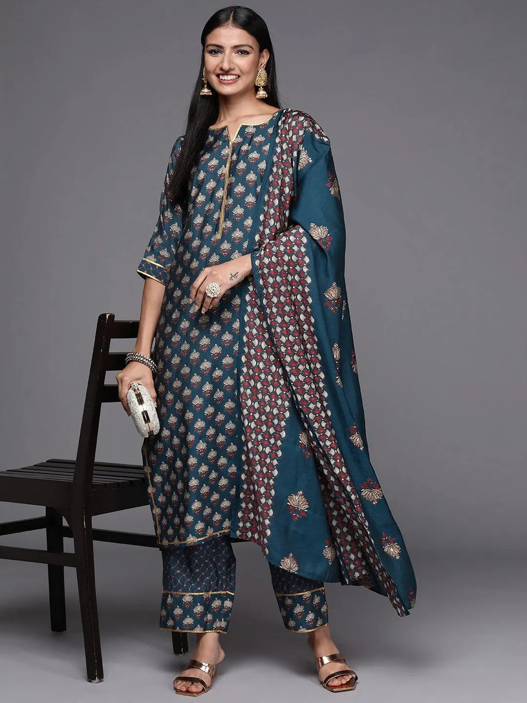 Blue Printed Silk Blend Straight Suit Set - Libas 