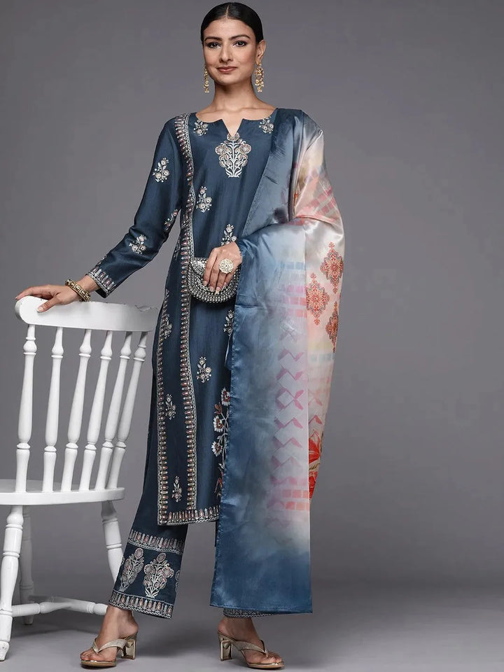 Blue Printed Silk Blend Straight Suit Set - Libas