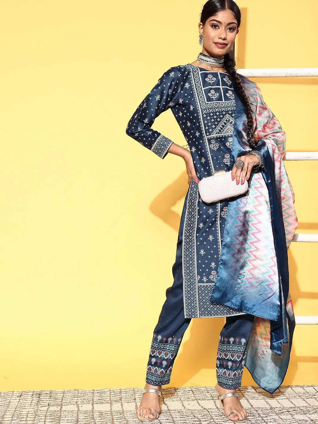 Blue Printed Silk Blend Straight Suit Set - Libas 