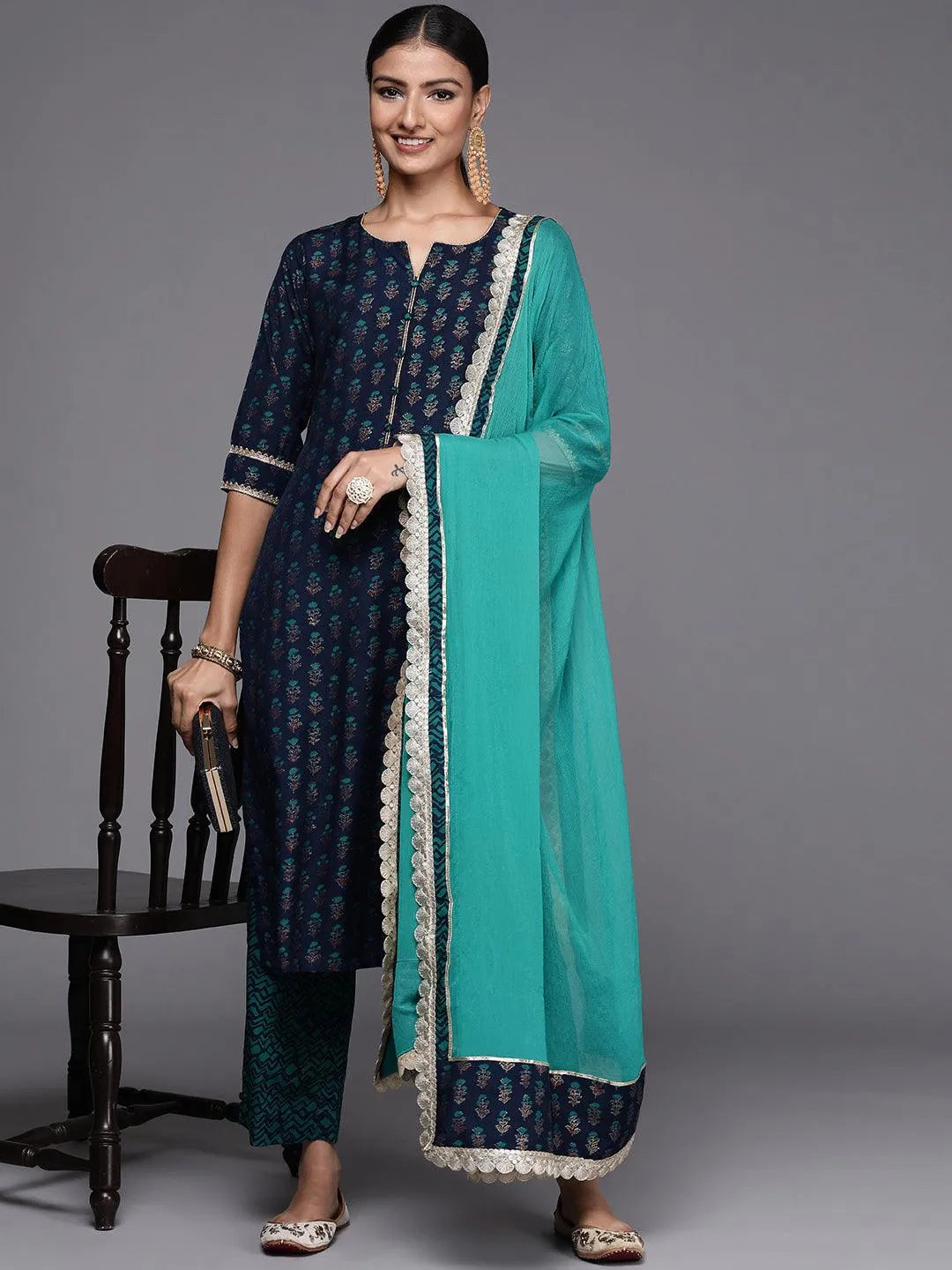 Blue Printed Silk Blend Straight Suit Set - Libas 