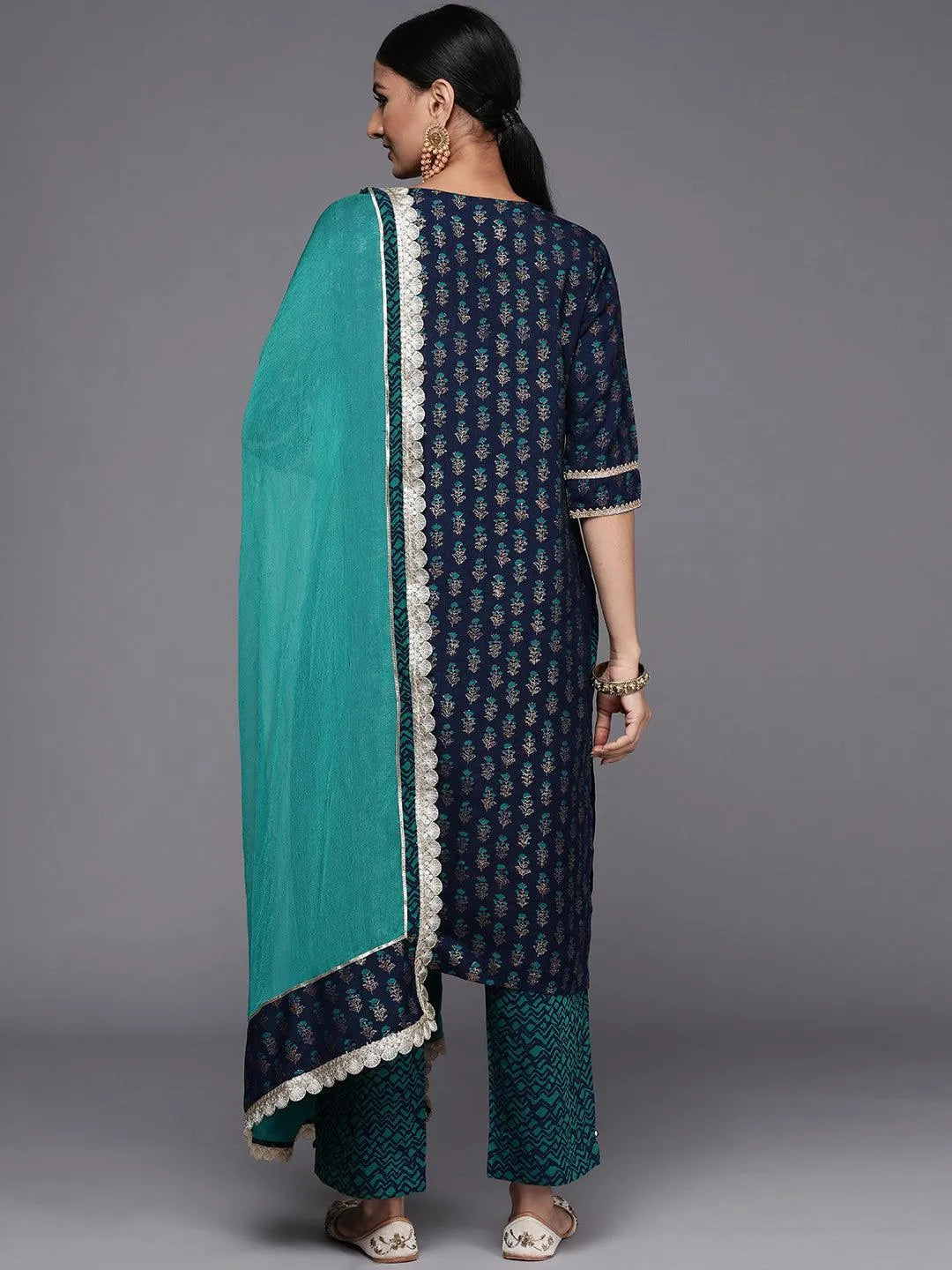 Blue Printed Silk Blend Straight Suit Set - Libas 