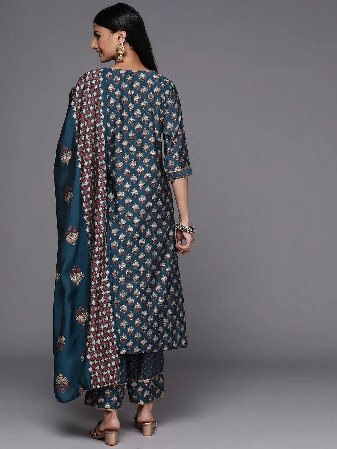 Blue Printed Silk Blend Straight Suit Set - Libas 