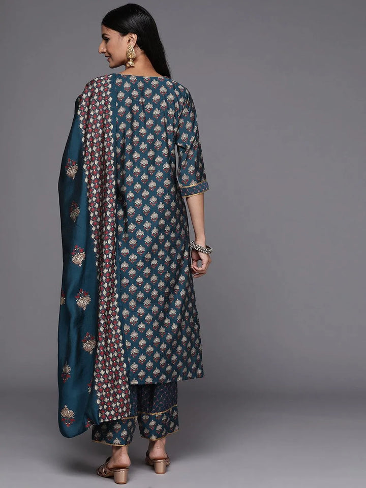 Blue Printed Silk Blend Straight Suit Set - Libas