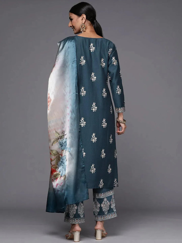 Blue Printed Silk Blend Straight Suit Set - Libas