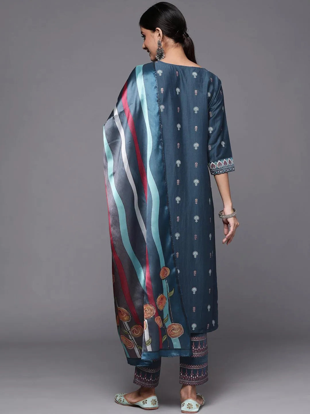 Blue Printed Silk Blend Straight Suit Set - Libas