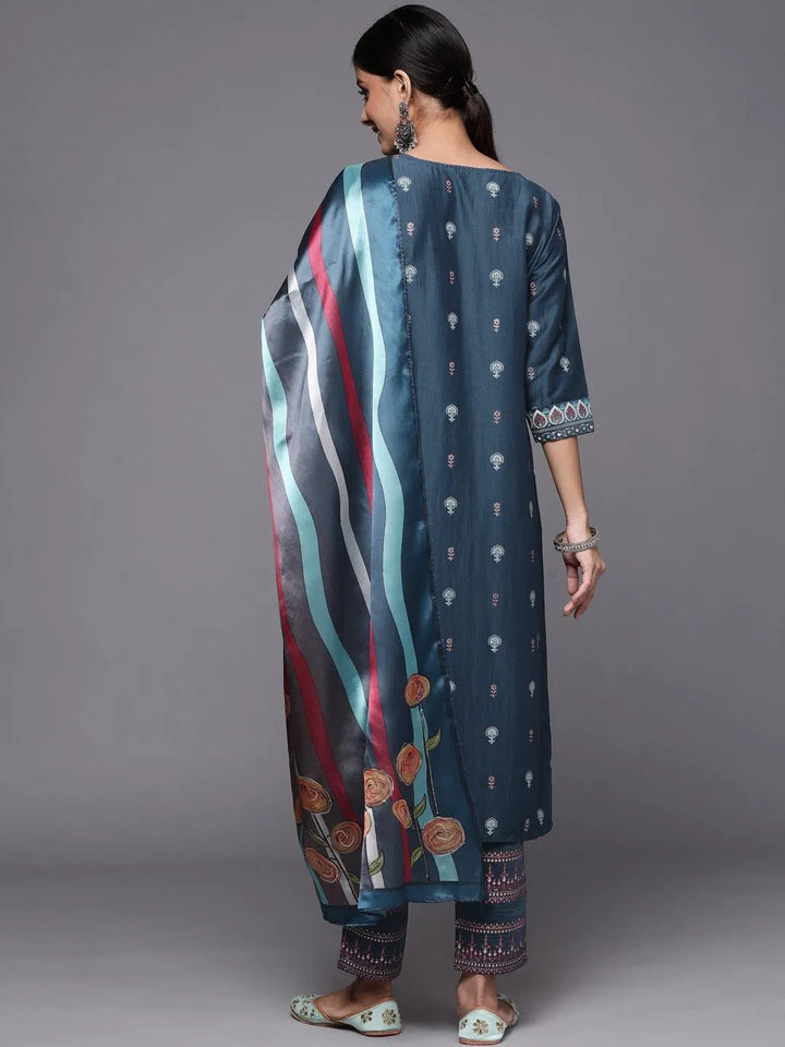 Blue Printed Silk Blend Straight Suit Set - Libas