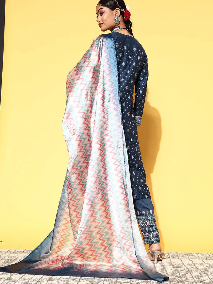 Blue Printed Silk Blend Straight Suit Set - Libas